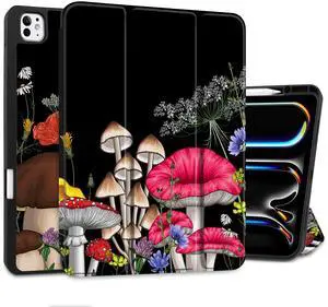 MEEgoodo Case for M4 iPad Pro 13 inch Case 2024, Tablet Cover with Trifold Stand + Pencil Holder + Auto Wake/Sleep + Soft TPU Back Cover for Kids, Forest of Mushrooms