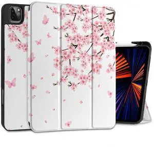 MEEgoodo Case for iPad Pro 12.9 Case M2 6th/5th/4th/3rd Generation 2022 2021 2020 2018, Protective Tablet Cover with Soft Back Shell for Kids, Cherry Blossoms