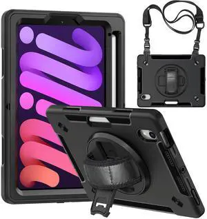 Junfire Protective Case for iPad mini 7 (A17 Pro) 2024/ Mini6 8.3-inch,Shockproof Case with Screen Protector/Pencil Holder/360degRotatable Kickstand/Hand Strap-Black
