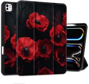 MEEgoodo Case for M4 iPad Pro 13 inch Case 2024, Tablet Cover with Trifold Stand + Pencil Holder + Auto Wake/Sleep + Soft TPU Back Cover for Kids, Red Poppy Flowers