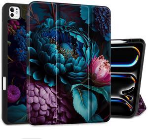 MEEgoodo Case for M4 iPad Pro 13 inch Case 2024, Tablet Cover with Trifold Stand + Pencil Holder + Auto Wake/Sleep + Soft TPU Back Cover for Kids, Beautiful Fantasy Flower