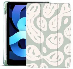 MAYCARI Green Funny Face Case for iPad Air5/Air4 with Pencil Holder, Cute for iPad 10.9 Inch 2022/2020 Protective Case with Soft TPU Back, Auto Sleep/Wake Cover Slim Shell