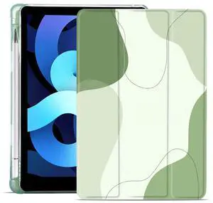 MAYCARI Abstract Line Art Sage Green Case for iPad Air5/Air4 with Pencil Holder, Cute for iPad 10.9 Inch 2022/2020 Protective Case with Soft TPU Back, Auto Sleep/Wake Cover Slim Shell