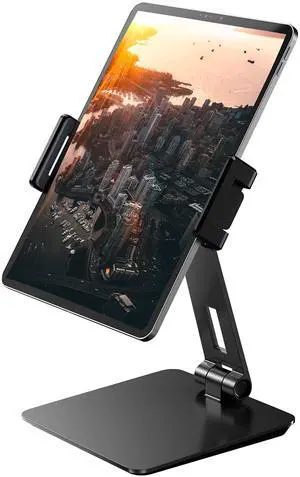 Maxonar iPad Stand Holder, Heavy-Duty Aluminum Alloy Tablet Stand, 360deg Swivel Foldable iPad Pro Air Charging Stand Holder for Desk Bed Store POS Showcase Reception Kitchen Office (6-13''), Grey