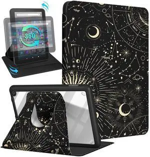Kidcube for Amazon Kindle Fire 7 Tablet Case 12th Generation 2022 Release for Women Girls Boys Cute Folio Cover Sun Moon Star Design Rotating Stand with Auto Wake/Sleep Teen for Kindle Fire 7 Cases 7"