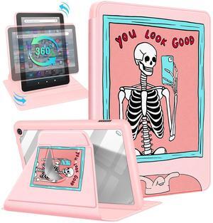Kidcube for  Kindle Fire 7 Tablet Case 12th Generation 2022 Release for Women Girls Cute Folio Cover Unique Skull Skeleton Design Rotating Stand with Auto Wake/Sleep for Kindle Fire 7 Cases 7"