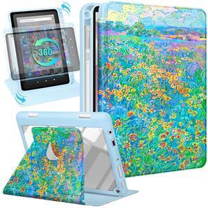 Kidcube for Kindle Fire HD 8/8 Plus Tablet Case - 10th/12th Generation (2020/2022) 8" Women Girls Cute Folio Cover with Pencil Holder Girly Tees Design Rotating Stand Cases for  Fire HD 8/8 Plus