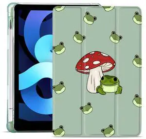 MAYCARI Frog Mushroom Case for iPad Air5/Air4 with Pencil Holder, Cute for iPad 10.9 Inch 2022/2020 Protective Case with Soft TPU Back, Auto Sleep/Wake Cover Slim Shell