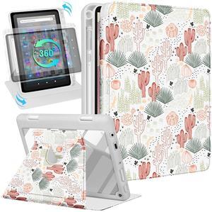 Kidcube for Kindle Fire HD 8/8 Plus Tablet Case - 10th/12th Generation (2020/2022) 8" Women Girls Cute Folio Cover with Pencil Holder Cactus Design Rotating Stand Cases for  Fire HD 8/8 Plus