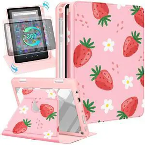 Kidcube for Kindle Fire HD 8/8 Plus Tablet Case - 10th/12th Generation (2020/2022) 8" Women Girls Cute Folio Cover with Pencil Holder Girly Strawberry Rotating Stand Cases for Amazon Fire HD 8/8 Plus