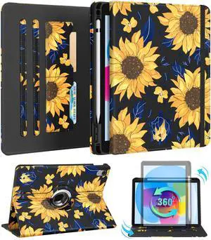Kidcube for iPad 10th Generation Case 2022, for iPad (A16) Case 11th Generation 2025 - Women Girls Cute Rotating Stand Folio Cover with Pencil Holder & Card Slot Girly Kawaii Sunflower Design Cases