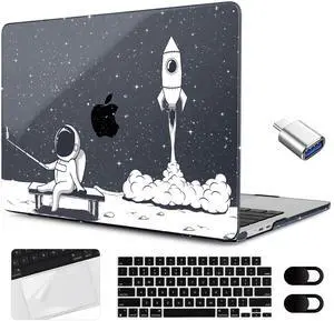 MEEgoodo Case for MacBook Air 15 inch M4/M3/M2 2025 2024 2023, Case Fit Model (A3241/A3114/A2941) for MacBook Air 15-inch, Laptop with Keyboard & Camera Cover & OTG Adapter, Astronaut Rocket