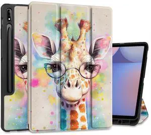 MEEgoodo Case for Samsung Galaxy Tab S10+ 2024/S9 Plus/S9 FE Plus 12.4 inch Cover 2023 with Pen Holder,Tablet Cases with Folding Stand+Soft TPU Back Shell + Smart Auto Wake/Sleep, Giraffe