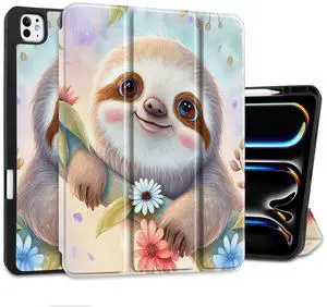 MEEgoodo Case for M4 iPad Pro 13 inch Case 2024, Tablet Cover with Trifold Stand + Pencil Holder + Auto Wake/Sleep + Soft TPU Back Cover for Kids, Smiling Sloth