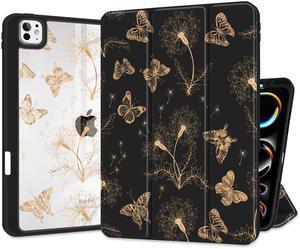 MEEgoodo Cover for M4 iPad Pro 13 inch Case 2024, Tablet Cases with Transparent Acrylic Back Shell +Trifold Stand + Pencil Holder + Auto Wake/Sleep, Butterflies & Dandelions