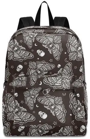 MNSRUU Student Backpack for School Moth Skull Moon Esoteric Laptop Backpack Aesthetic School Bookbags Casual Daypack Backpack Fits 15.6 Inch Laptop