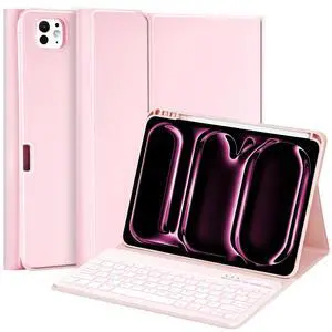 MMK iPad Pro 11 inch Case with Keyboard (2024 M4, A3006/A2837/A2836), iPad Pro M4 11 inch Case with Keyboard & Pencil Holder - Pink
