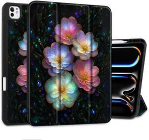 MEEgoodo Case for M4 iPad Pro 13 inch Case 2024, Tablet Cover with Trifold Stand + Pencil Holder + Auto Wake/Sleep + Soft TPU Back Cover for Kids, Glitter Flowers