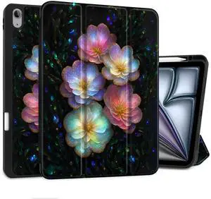 MEEgoodo Case for iPad Air 13 inch 2025 2024 (M3/M2), Tablet Cases with Trifold Stand + Pencil Holder + Auto Wake/Sleep + Soft TPU Back Cover, Glitter Flowers