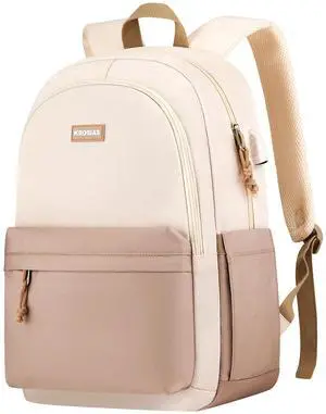 KROSIAS School Backpack for Teens Girls, Cute Student Bookbag Large 15.6 Inch Laptop Bag Aesthetic College Backpacks for Women High School Travel (Khaki Beige)