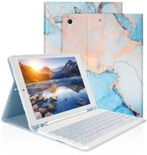 LAMA Keyboard Case for iPad 9.7 inch 2018 (6th Gen)/ 2017 (5th Gen)/2016 iPad Pro/Air 2/1, Detachable - Wireless Keyboard Cover with Pencil Holder for iPad 9.7 inch, Auto Sleep/Wake, Marble Blue