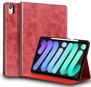 NANRUIL for Ipad Mini 7th Gen A17 Pro Case 2024 and Ipad Mini 6th Gen 8.3 inch 2021 Genuine Leather Cover Protective Shell,Built-in Pencil Holder and Auto Wake/Sleep.Red