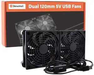 NewHail Quiet Dual 120mm USB Fan Dual-Ball Bearings, USB Fan 5V, with L/M/H 3-Degree Speed Controller High Airflow Cooling Fan for Router Modem Receiver DVR PlayStation Xbox TV Box