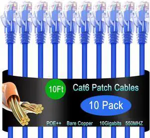 Lysymixs Cat6 Ethernet Patch Cable 10 ft (10 Pack), Cat6 Patch Cable for Data Centers, Cat 6 Patch Cable 10G, Network Patch Cables for Home and Enterprise Network -Blue