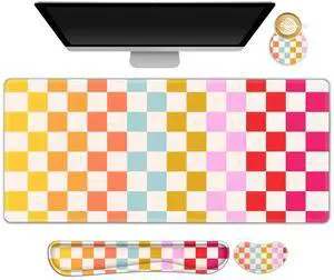 NXZGO Large Gaming Mouse Pad Set, 4 in 1 Ergonomics Keyboard Desk Mat with Memory Foam Wrist Rest, Computer PC Extended Game Mousepad, Non-Slip Desk Matt Easy Typing Pain Relief I Colorful Checkered
