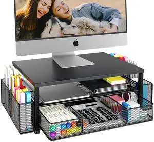 OPNICE Desk Organizer and Accessories, 2-Tier Computer Monitor Stand Riser with Drawer and 2 Pen Holders, Office Desk Accessories for Office Supplies, Black