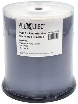 PlexDisc 95079 DVD-R 4.7GB 16X White Inkjet Hub Printable - 100pk Spindle Frustration Free Packaging, 100 Disc