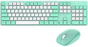 POWZAN Wireless Keyboard and Mouse Combo, 2.4G USB Ergonomic Quiet Keyboard with Tilt Legs Design, Full-Sized Green Cute Silent Mouse for Windows, Mac OS, Computer, Laptop, PC - Green White