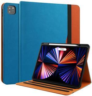 for iPad Air 5th Generation Case 2022/ 4th Generation 2020 10.9 Inch with Pencil Holder, Folio Stand Leather Cover with Multiple Angles & Auto Sleep/Wake iPad Air 5/4 Case, Blue/Brown