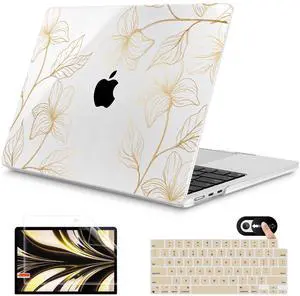Mektron for 2025 M4 MacBook Air 13.6 Inch A3240 Case Fits 2023 A2681 M2 2024 A3113 M3 Chip with Liquid Retina Display Touch ID, Printed Plastic Hard Shell Cover for MacBook Air 13.6", Gold Flower S718