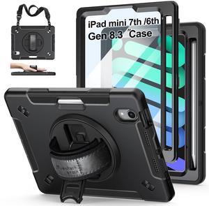 Case for iPad mini 7 (A17 Pro)/ Mini 6 8.3 INCH: TPU Cover for iPad mini 7th/6th Generation 8.3 Inch with Screen Protector- Stand + Handle + Shoulder Strap + Pencil Holder- Black