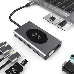 QUMOX USB C Hub Laptop Docking Station + Wireless Charger 14-in-1, Card Reader, HDMI