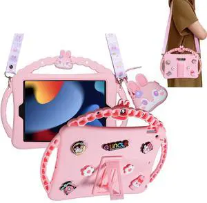 Paorixln for iPad mini 7th Generation 2024 Case Kids Girls, Shockproof Protective Silicone Case for iPad mini 6th Generation 8.3 inch 2021 with 3 Handles,Straps & Mini Wallet, Cartoon Bunny(Pink)