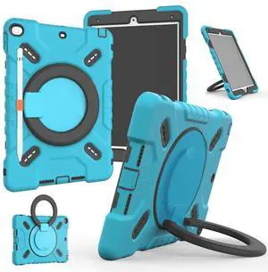 NLR FUN Pepkoo 4-Layer Shockproof Case for iPad 9th/8th/7th (10.2 iPad 2021/2020/2019) & iPad Air 3rd (10.5 iPad Air 2019), iPad Cover with Kickstand/Handle, Pencil Holder, Shoulder Strap (Blue)
