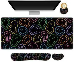 NXZGO Large Gaming Mouse Pad Set, 4 in 1 Extended Keyboard Desk Mat with Wrist Rest, Computer Game Mousepad, Non-Slip Desk Pad Protector Easy Typing Pain Relief for Home Office I Black Retro Hippie