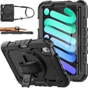 SEYMAC stock Case for iPad Mini 7 (A17 Pro) 2024/ Mini 6 8.3'' with Screen Protector Pencil Holder [360 Rotating Hand Strap] &Stand, Drop-Proof Case for iPad Mini 7th/6th Generation 8.3", Black