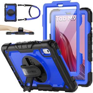 SEYMAC stock Case for Lenovo Tab M9 (TB-310FU) 2023 with Screen Protector, Drop-Proof Protection Cover with 360deg Rotating Stand &Strap [Pen Holder] Case for Lenovo Tab M9 9'' (Blue+Black)