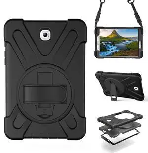 Shockproof Case for Samsung Galaxy Tab S2 8.0'' 2015 (SM-T710 T715 T713 T719),Portable Heavy Duty Tablet Cover with 360 Rotating Stand Handle Strap & Shoulder Belt Carrying Case (New Black)