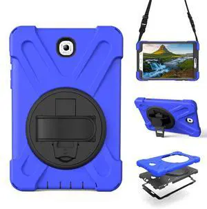 Shockproof Case for Samsung Galaxy Tab S2 8.0'' 2015 (SM-T710 T715 T713 T719),Portable Heavy Duty Tablet Cover with 360 Rotating Stand Handle Strap & Shoulder Belt Carrying Case (New Blue)
