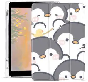 JOYLAND Cute Penguin Pad Case for iPad Air/iPad Air 2 9.7 Inch with Pencil Holder, Clear TPU Foldable Smart Stand Back Cover, Auto Wake/Sleep Full Body Protective Anti-Slip Shockproof Protective Case