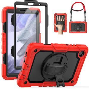 SEYMAC for Samsung Galaxy Tab A7 Lite Case 8.7" (SM-T220/ T225/ T227), Heavy Duty Full-Body Shockproof Protective Case with Screen Protector, Rotating Stand, Hand/Shoulder Strap, Red