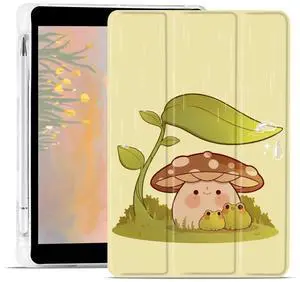 JOYLAND Cartoon Mushroom Frog Case for 9.7 Inch iPad 5th/6th Generation With Pencil Holder, Clear TPU Back Trifold Stand for iPad 2017/2018, Auto Wake/Sleep Protective Cover