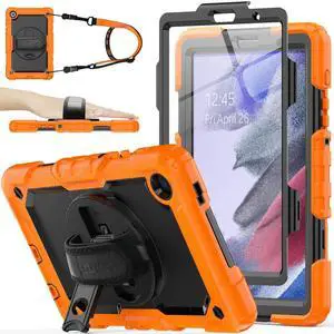 SEYMAC stock Case for Samsung Galaxy Tab A7 Lite 8.7'' with Screen Protector Pencil Holder [360 Rotating Hand Strap] &Stand, Drop-Proof Case for Samsung A7 Lite 2021 SM-T220/T225/T227, Orange/Black