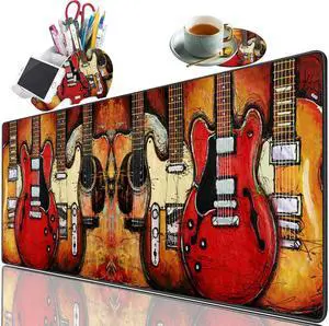 Large Game Mouse Pad + Brush Holder Phone Stand+Coaster Set, Multi-Functional Organizer with Stitched Edge Non-Slip Table Pad, Suitable for Gamers/Offices, Guitar