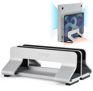 Psitek Aluminum Dual Vertical Laptop Stand Dock Holder, Supports 2 Devices, Adjustable Slot Width 15-36mm, Space-Saving Upright Storage for MacBook and Laptops