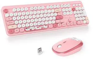 SbocKeeb Wireless Typewriter Keyboard and Mouse Combo Retro 104 Key Full Size Office Set Pink Keyboard with Silent Round Keycaps, Ideal for Laptop and Desktop PCs, Cute Design (Pink)